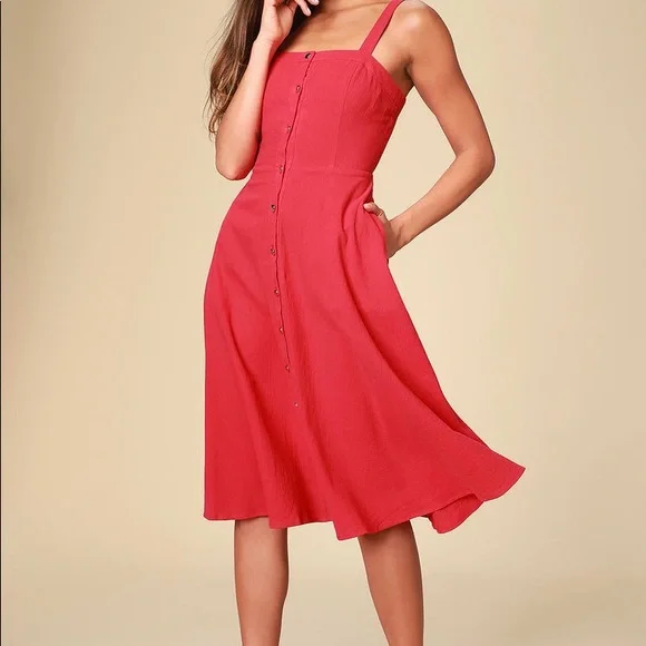 Lulus | Dresses | Pippie Red Button Front Sleeveless Midi Dress | Poshmark